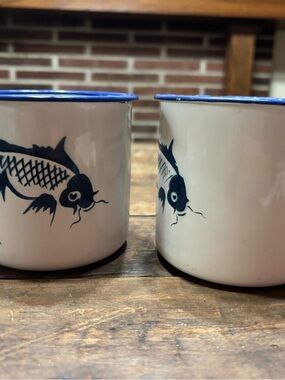 White Enamel Koi Fish Design Mug with Blue Trim